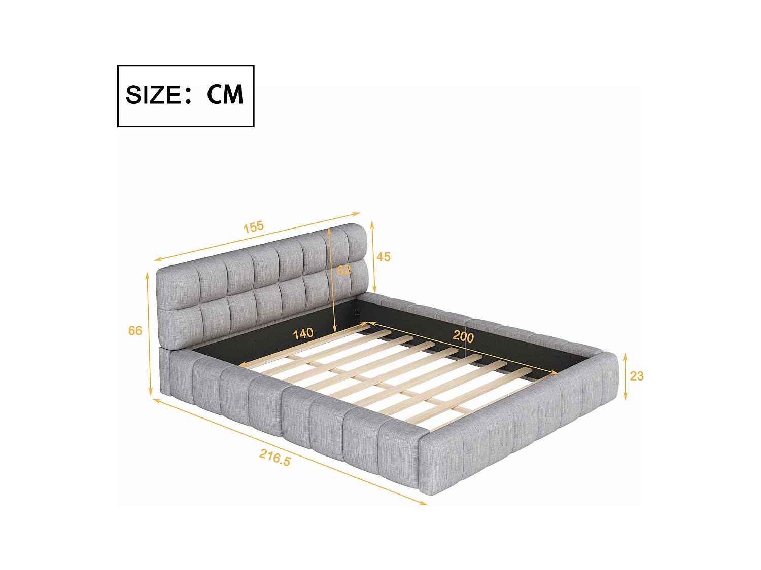 Lit capitonné 140 x 200 cm avec tête de lit moelleux et bordure rembourrée, tissu en lin, gris (sans matelas)