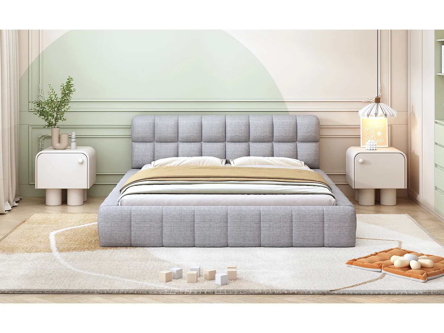 Lit capitonné 140 x 200 cm avec tête de lit moelleux et bordure rembourrée, tissu en lin, gris (sans matelas)