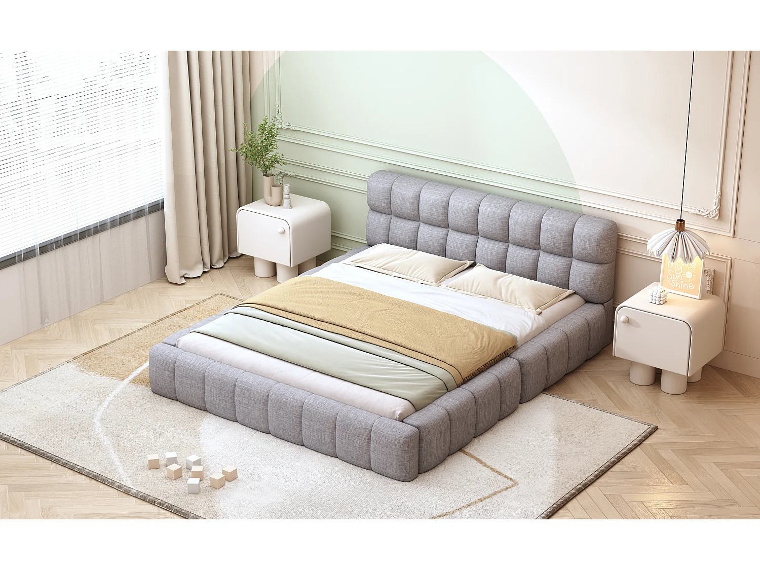 Lit capitonné 140 x 200 cm avec tête de lit moelleux et bordure rembourrée, tissu en lin, gris (sans matelas)