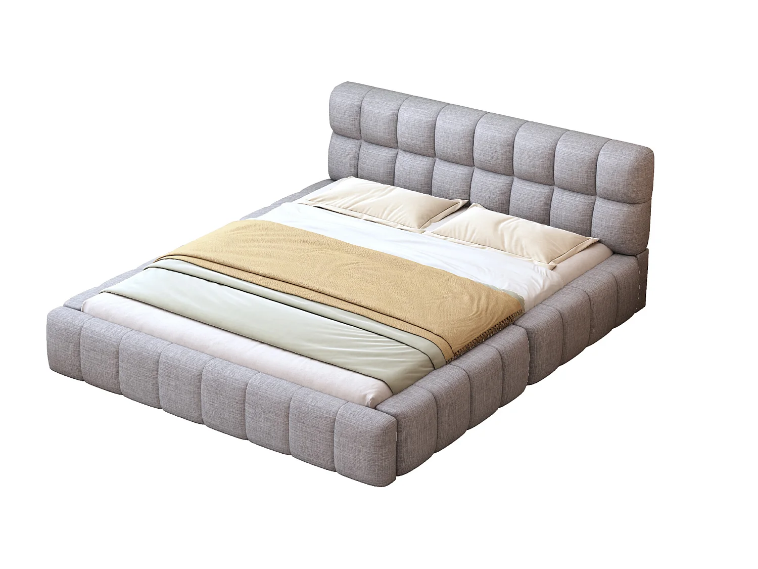 Lit capitonné 140 x 200 cm avec tête de lit moelleux et bordure rembourrée, tissu en lin, gris (sans matelas)