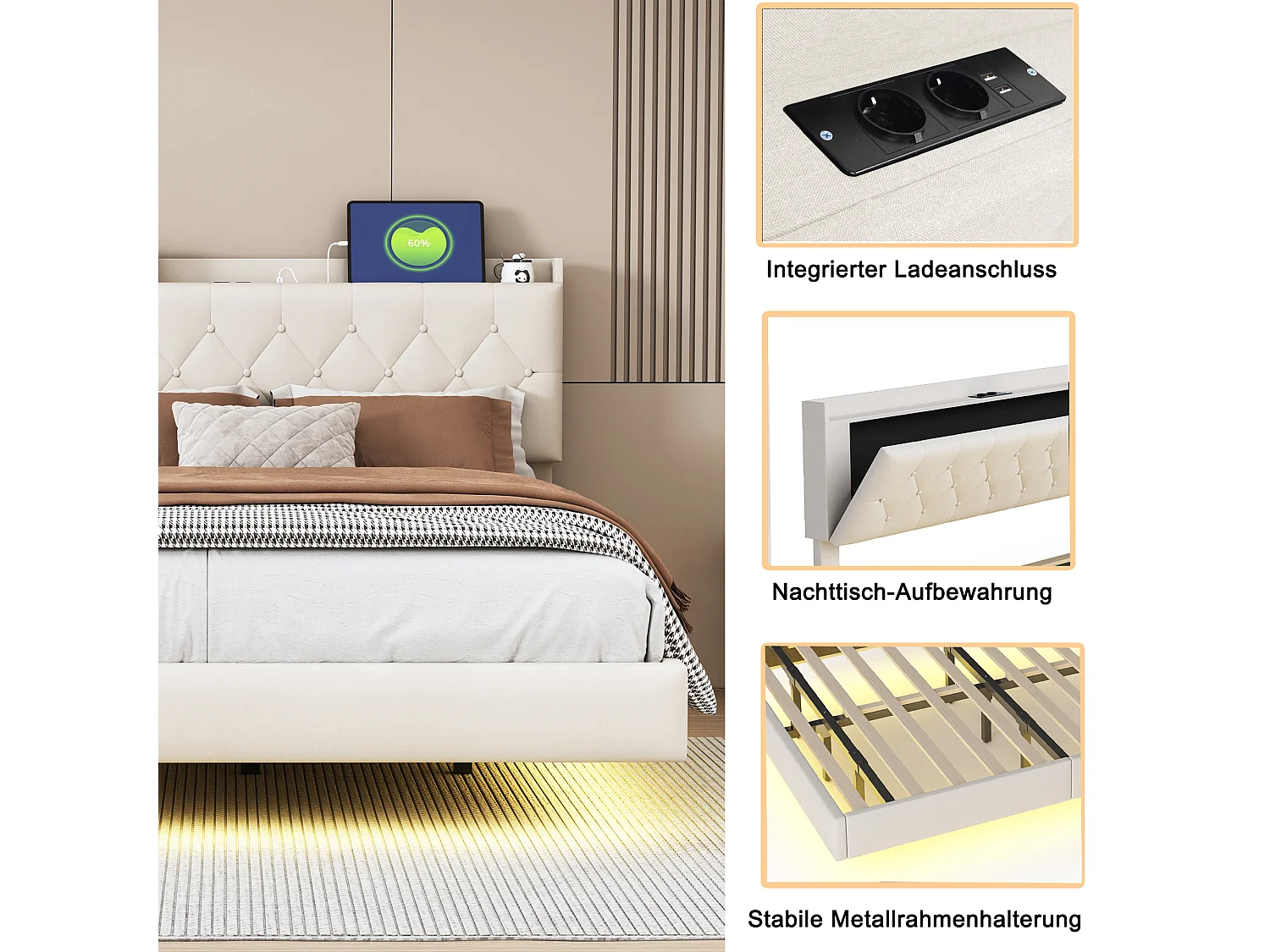 Gestoffeerd bed 140 x 200 cm met hoofdeinde - USB-aansluiting en LED's - Linnenstof - Beige (zonder matras)