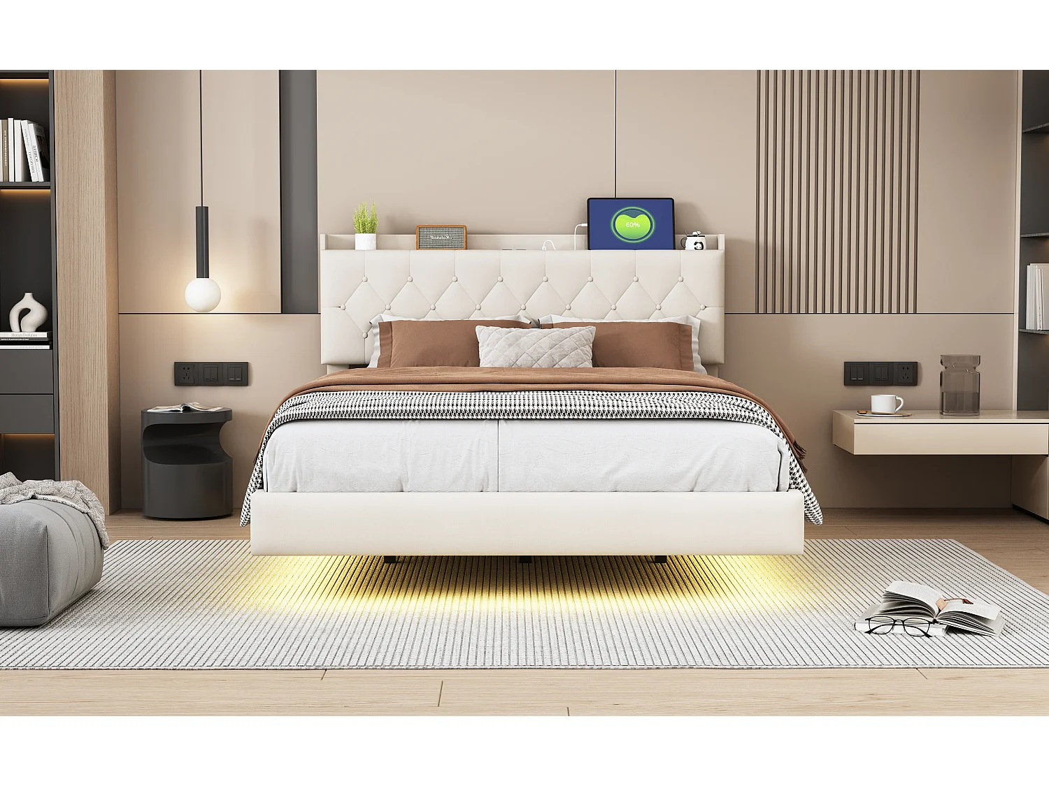 Gestoffeerd bed 140 x 200 cm met hoofdeinde - USB-aansluiting en LED's - Linnenstof - Beige (zonder matras)