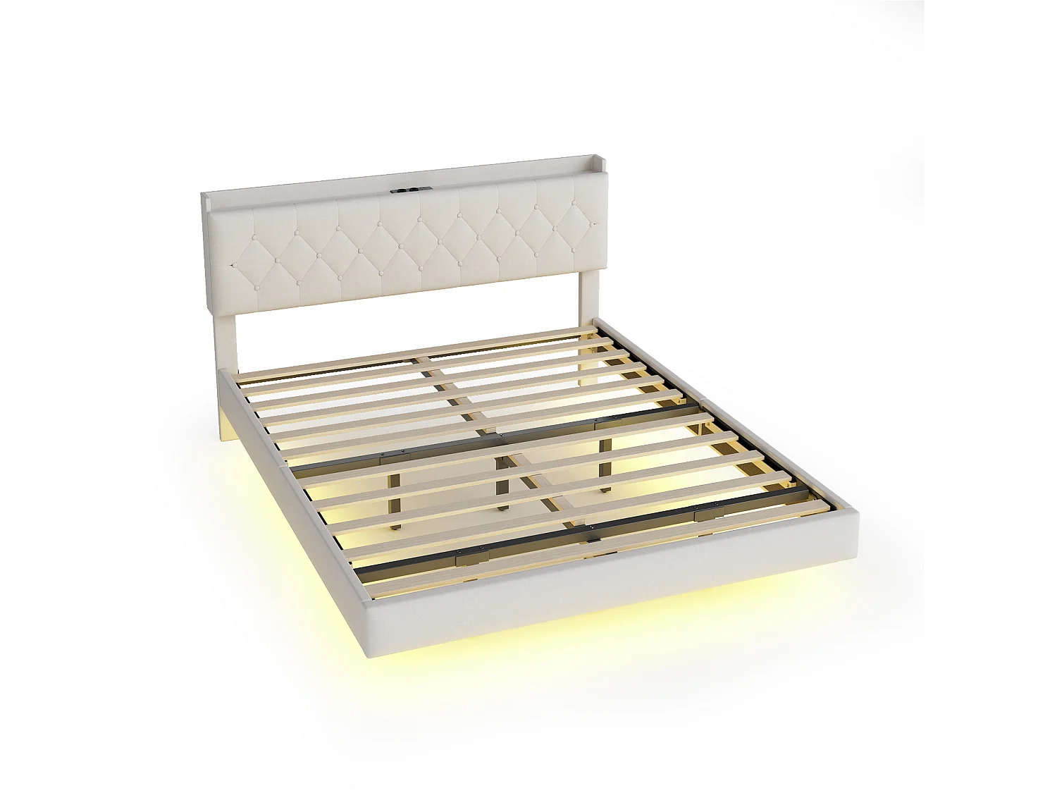 Gestoffeerd bed 140 x 200 cm met hoofdeinde - USB-aansluiting en LED's - Linnenstof - Beige (zonder matras)