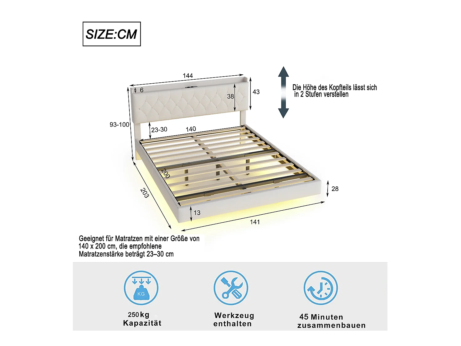 Lit capitonné 140 x 200 cm avec tête de lit - prise USB et LEDs - Tissu en lin - Beige (sans matelas)