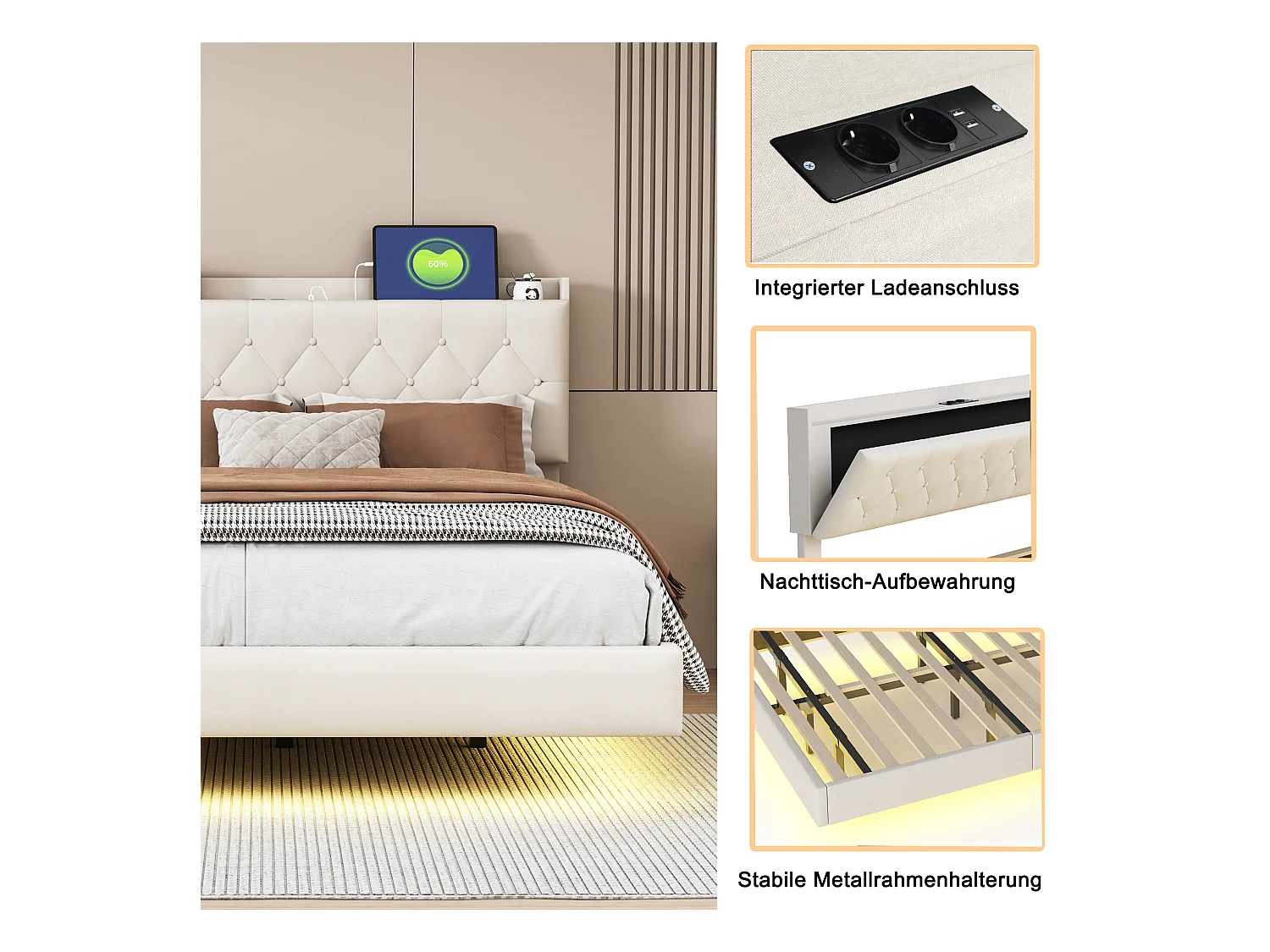 Lit capitonné 140 x 200 cm avec tête de lit - prise USB et LEDs - Tissu en lin - Beige (sans matelas)
