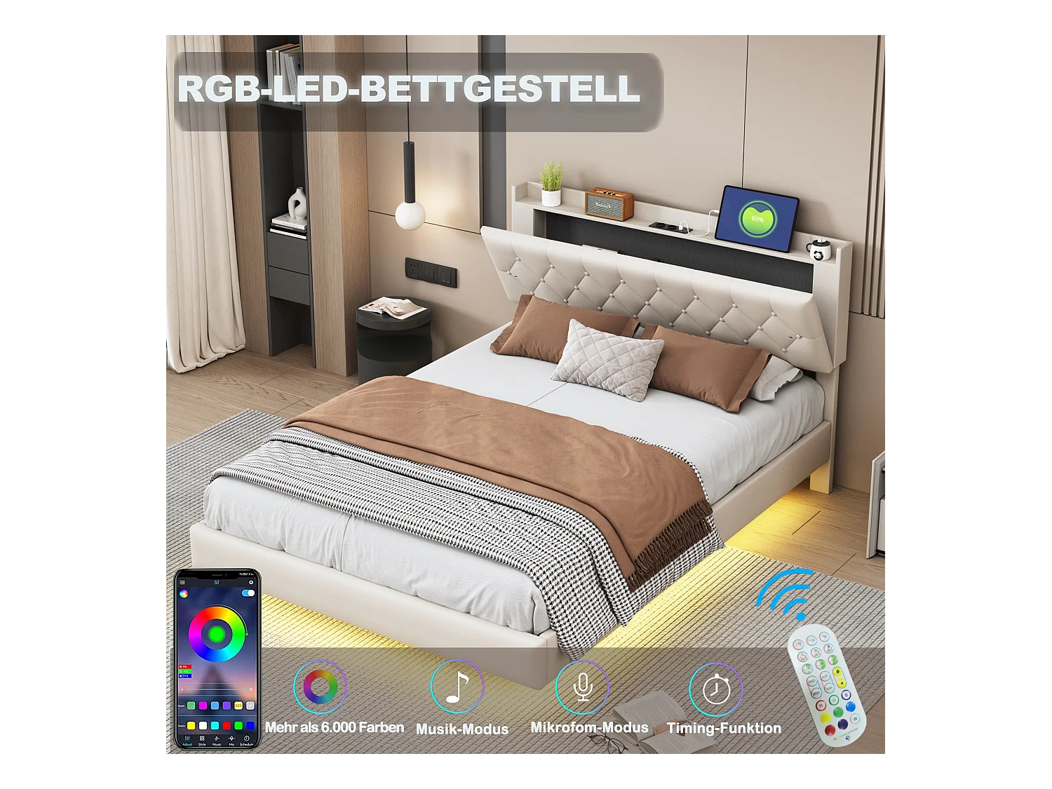 Lit capitonné 140 x 200 cm avec tête de lit - prise USB et LEDs - Tissu en lin - Beige (sans matelas)