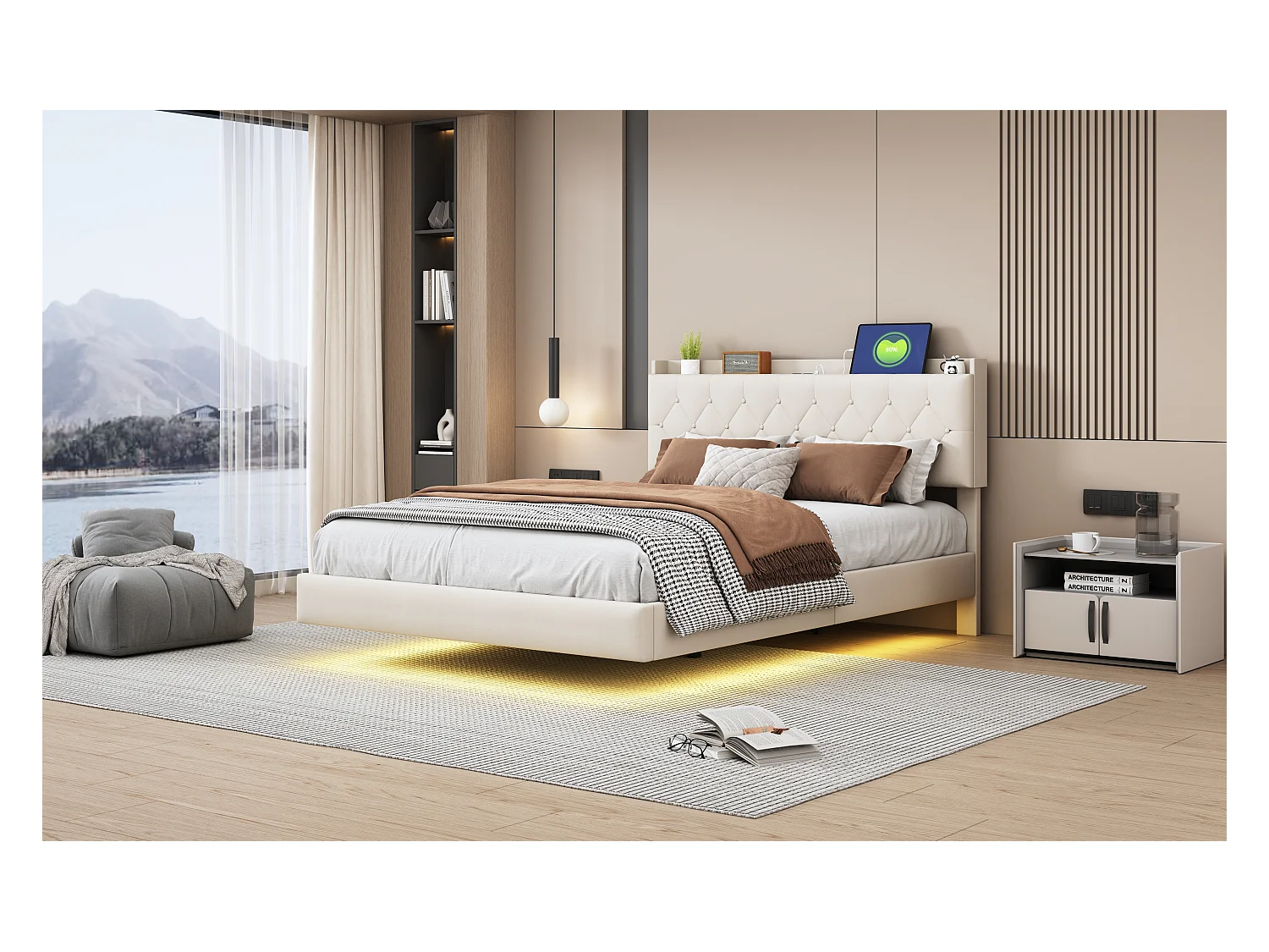 Lit capitonné 140 x 200 cm avec tête de lit - prise USB et LEDs - Tissu en lin - Beige (sans matelas)