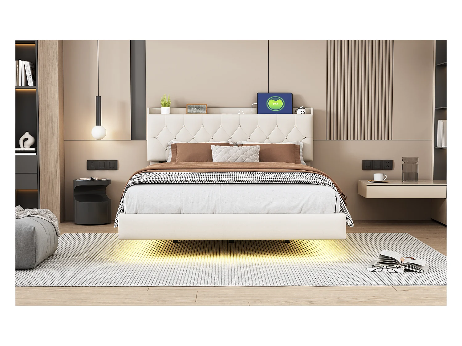 Lit capitonné 140 x 200 cm avec tête de lit - prise USB et LEDs - Tissu en lin - Beige (sans matelas)