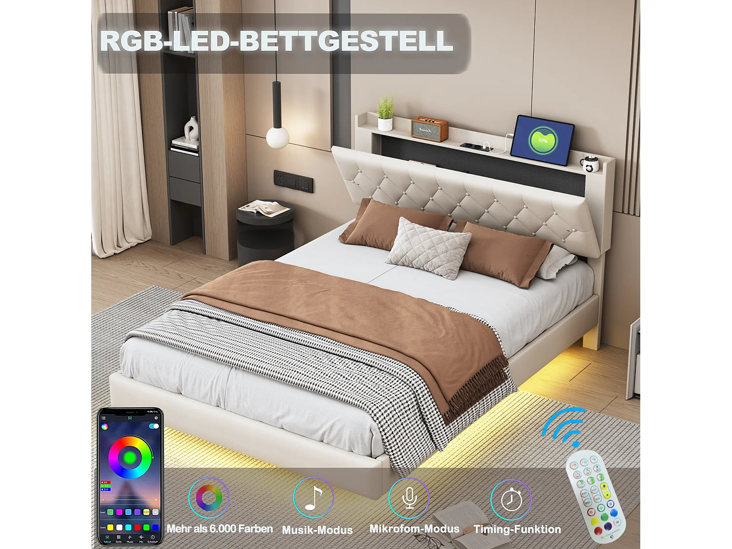 Lit capitonné 140 x 200 cm avec tête de lit - prise USB et LEDs - Tissu en lin - Beige (sans matelas)