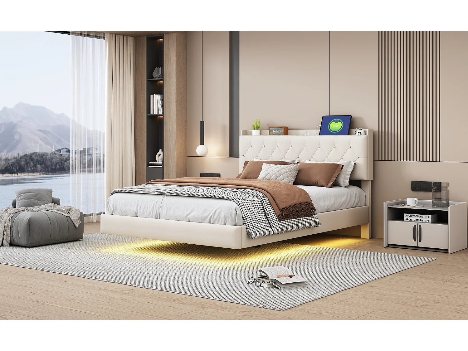 Lit capitonné 140 x 200 cm avec tête de lit - prise USB et LEDs - Tissu en lin - Beige (sans matelas)