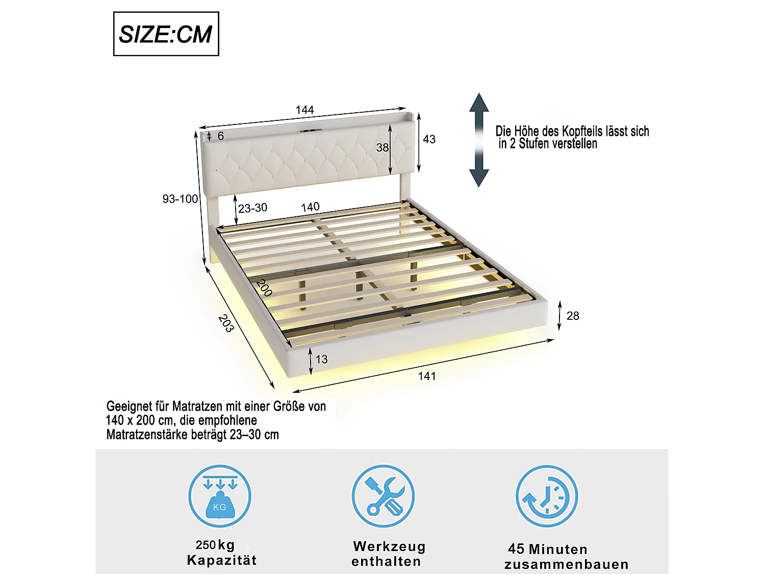 Lit capitonné 140 x 200 cm avec tête de lit - prise USB et LEDs - Tissu en lin - Beige (sans matelas)