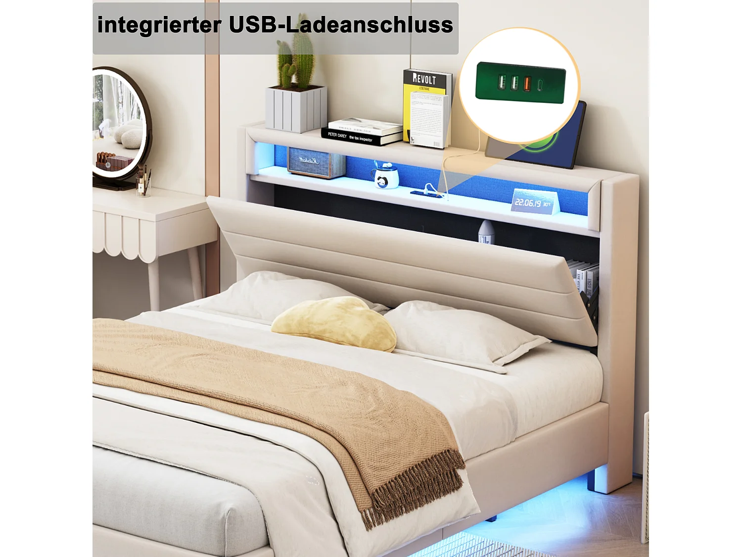 Lit capitonné 140 x 200 cm avec prise USB et éclairage LED, tête de lit réversible, pied de lit invisible, tissu en lin, beige (sans matelas)