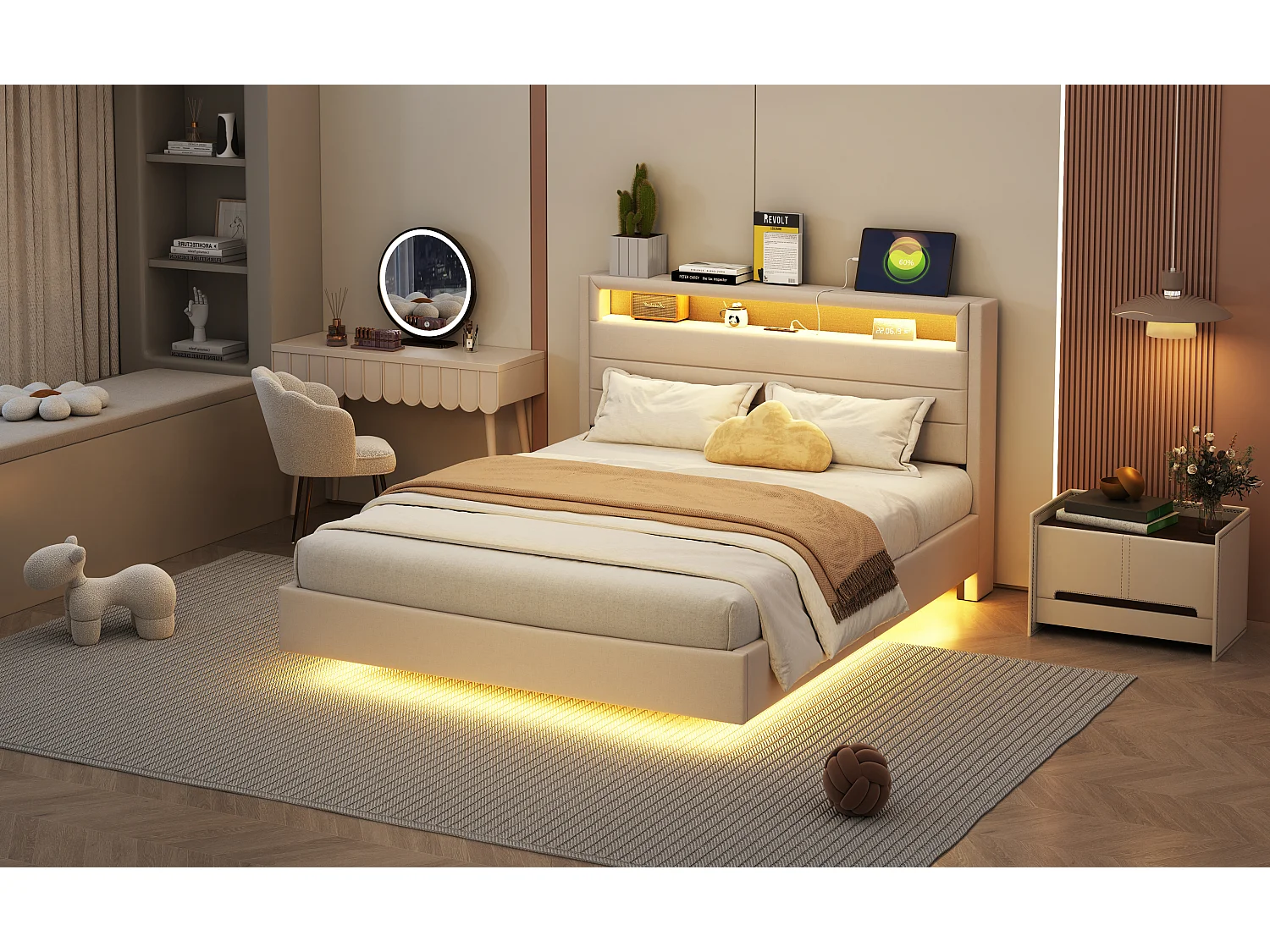 Lit capitonné 140 x 200 cm avec prise USB et éclairage LED, tête de lit réversible, pied de lit invisible, tissu en lin, beige (sans matelas)