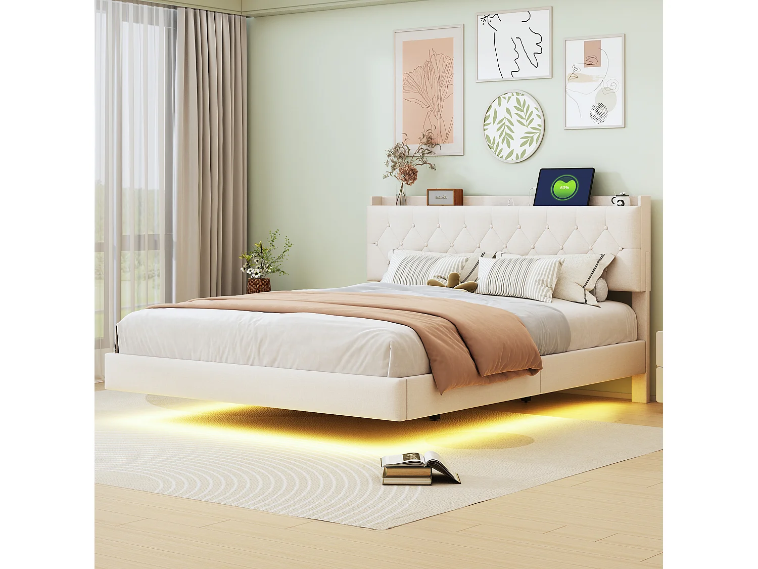Lit capitonné 160 x 200 cm avec tête de lit - prise USB et LEDs - Tissu en lin - Beige (sans matelas)