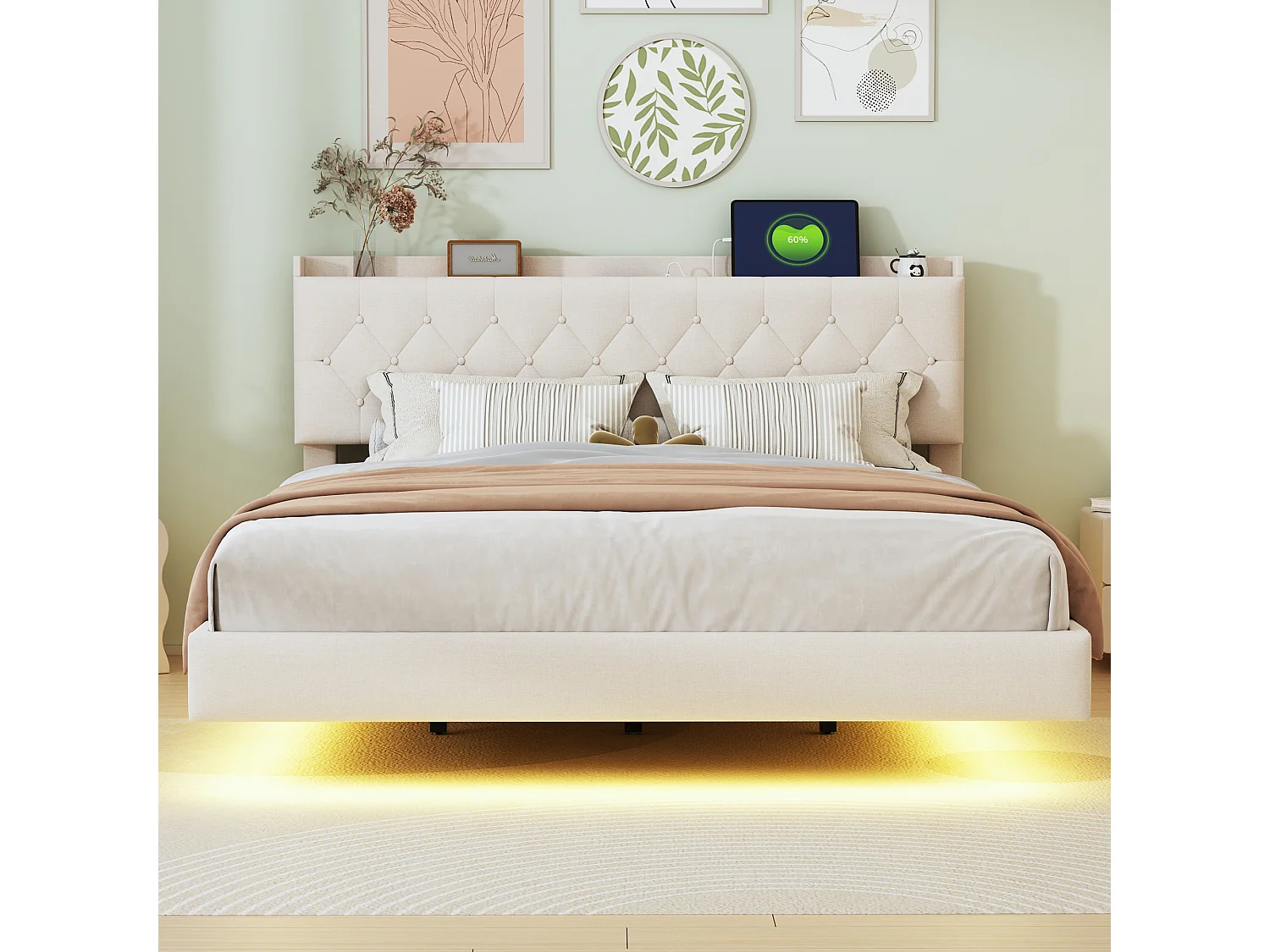 Lit capitonné 160 x 200 cm avec tête de lit - prise USB et LEDs - Tissu en lin - Beige (sans matelas)