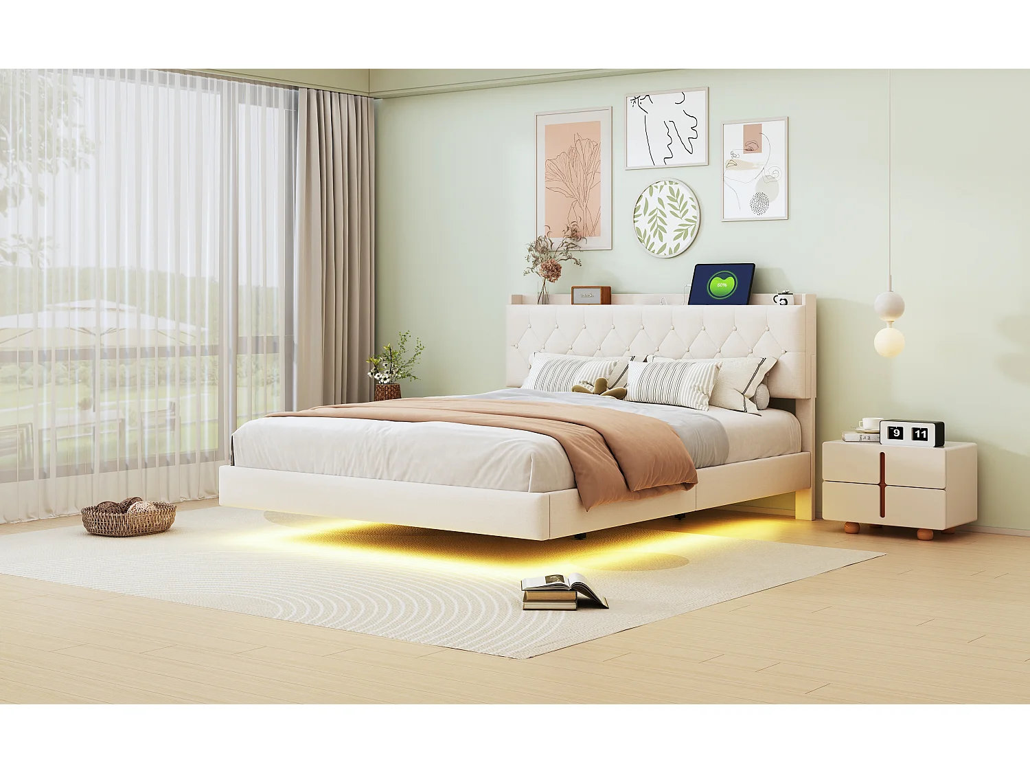 Lit capitonné 160 x 200 cm avec tête de lit - prise USB et LEDs - Tissu en lin - Beige (sans matelas)