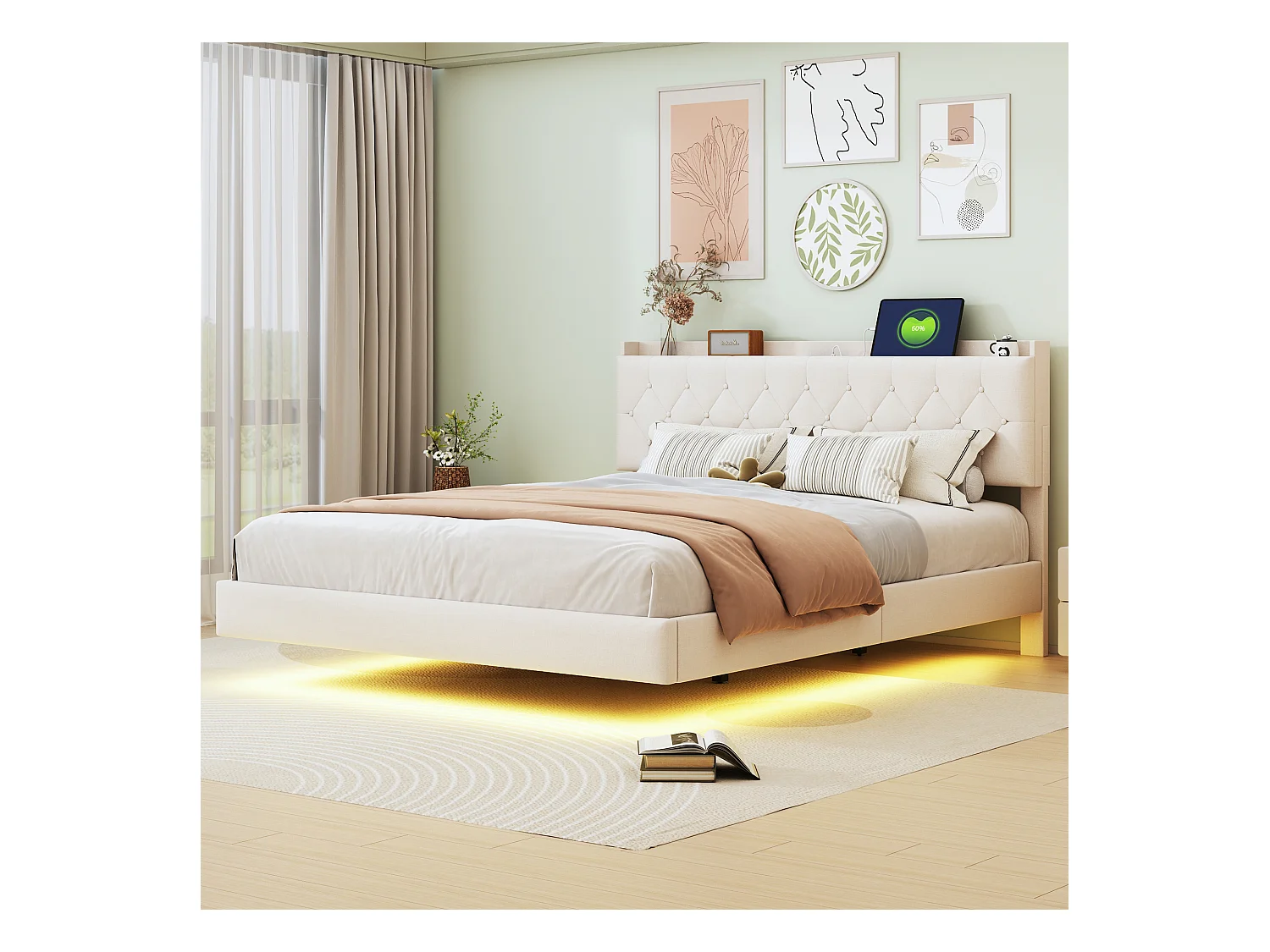 Letto imbottito 160 x 200 cm con testiera - Presa USB e LED - Tessuto Lino - Beige (senza materasso)