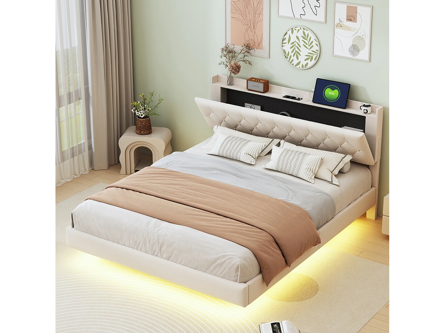 Lit capitonné 160 x 200 cm avec tête de lit - prise USB et LEDs - Tissu en lin - Beige (sans matelas)
