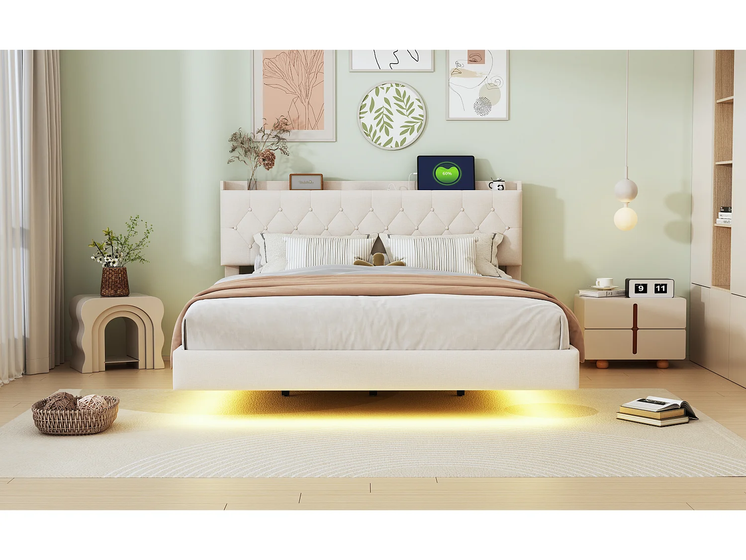 Lit capitonné 160 x 200 cm avec tête de lit - prise USB et LEDs - Tissu en lin - Beige (sans matelas)