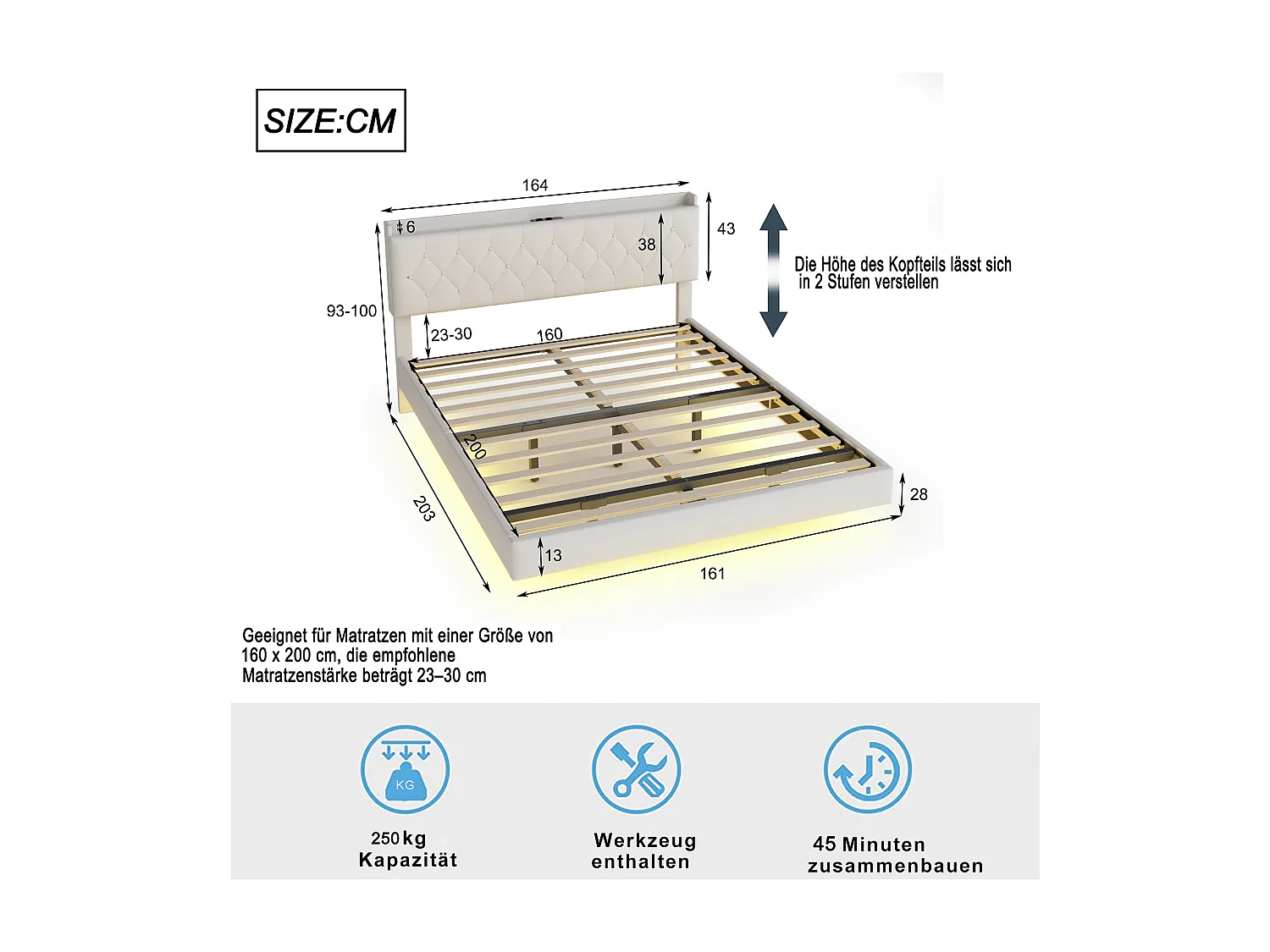 Lit capitonné 160 x 200 cm avec tête de lit - prise USB et LEDs - Tissu en lin - Beige (sans matelas)