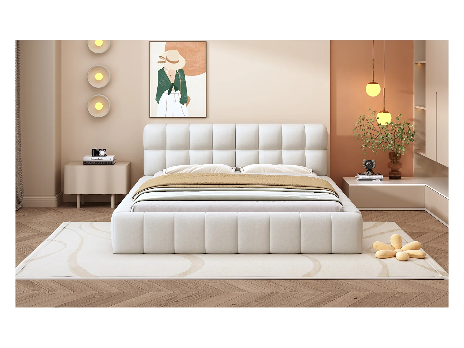 Lit capitonné 140 x 200 cm avec tête de lit moelleux et bordure rembourrée, tissu en lin, beige (sans matelas)