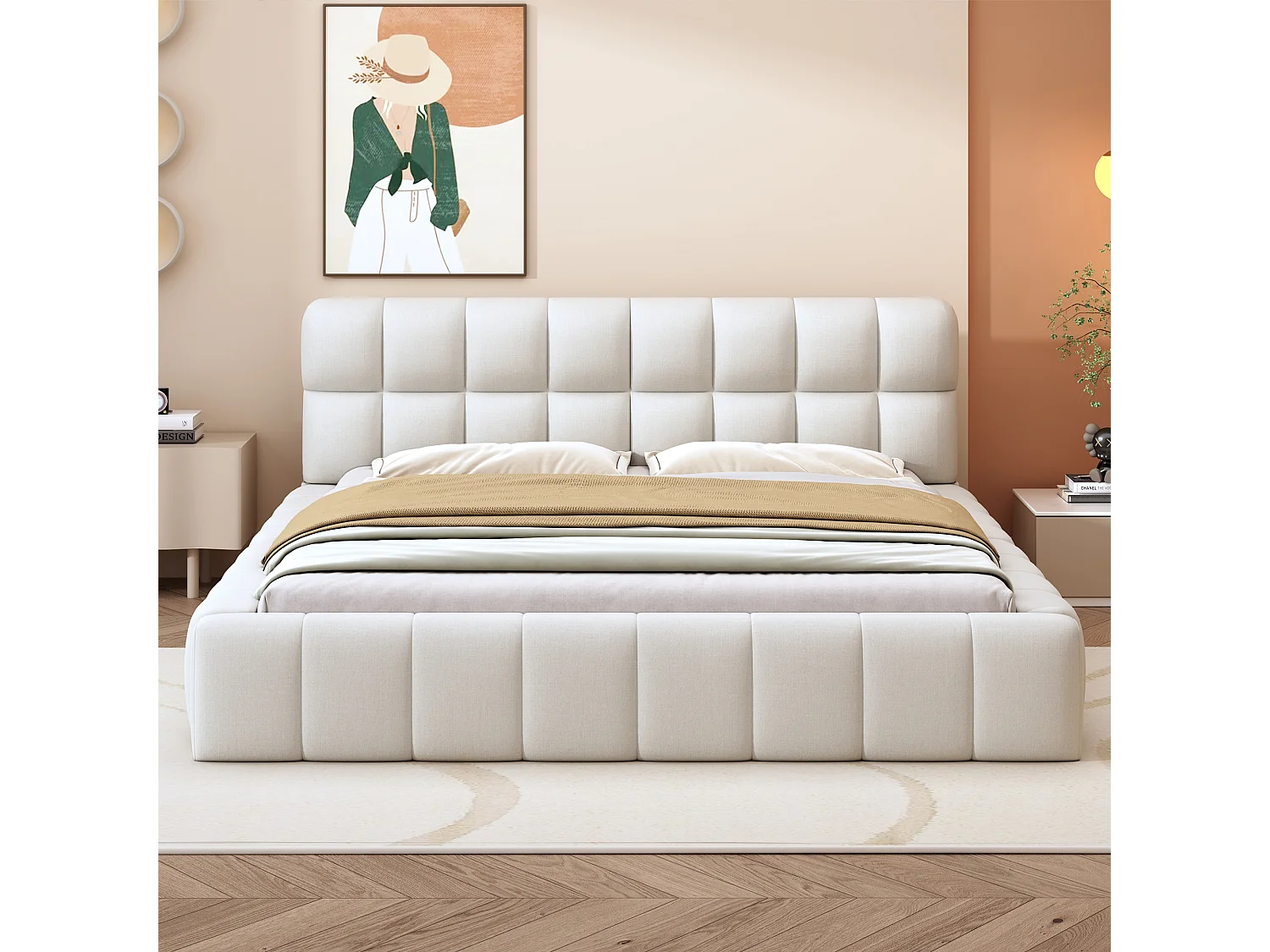 Lit capitonné 140 x 200 cm avec tête de lit moelleux et bordure rembourrée, tissu en lin, beige (sans matelas)