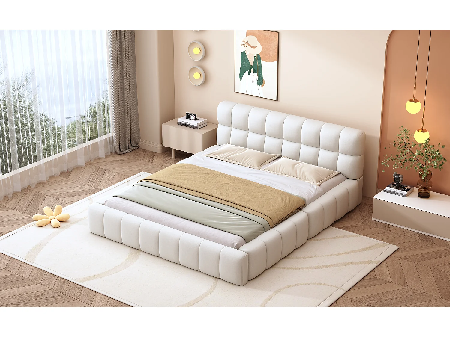 Lit capitonné 140 x 200 cm avec tête de lit moelleux et bordure rembourrée, tissu en lin, beige (sans matelas)