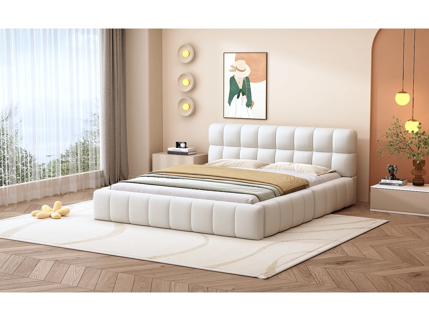 Lit capitonné 140 x 200 cm avec tête de lit moelleux et bordure rembourrée, tissu en lin, beige (sans matelas)