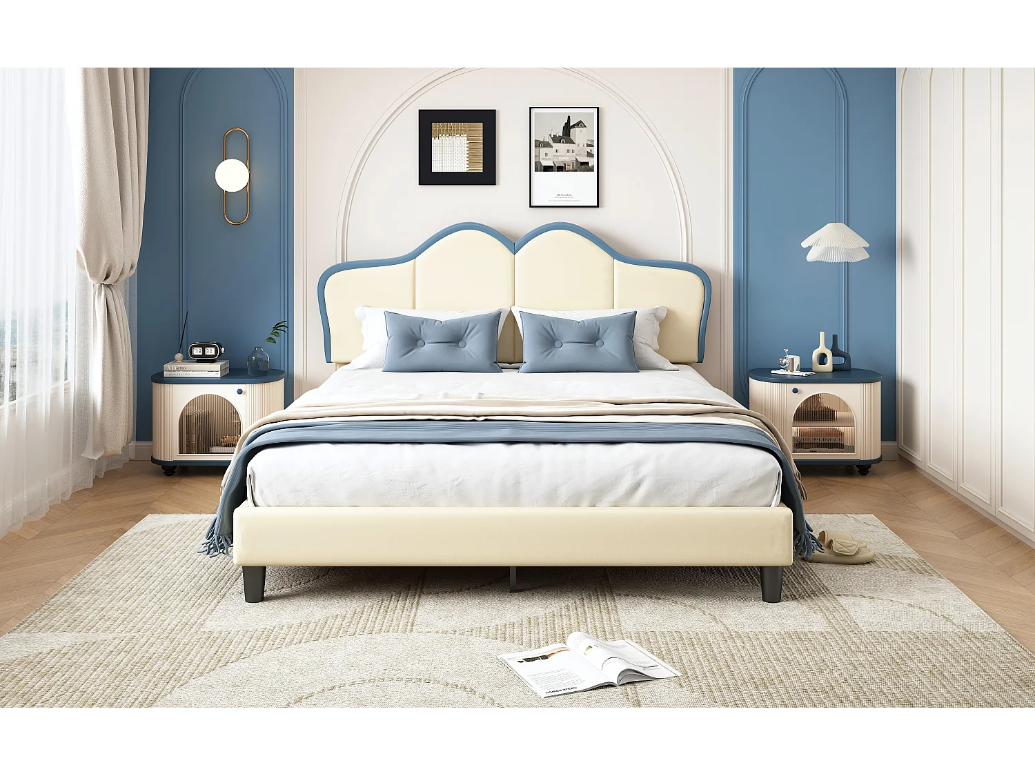 Steppbett 140 x 200 cm mit elegant gepolstertem Kopfteil – PU-Leder – Weiß + Blau (ohne Matratze)