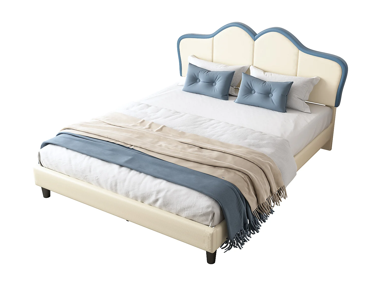 Steppbett 140 x 200 cm mit elegant gepolstertem Kopfteil – PU-Leder – Weiß + Blau (ohne Matratze)