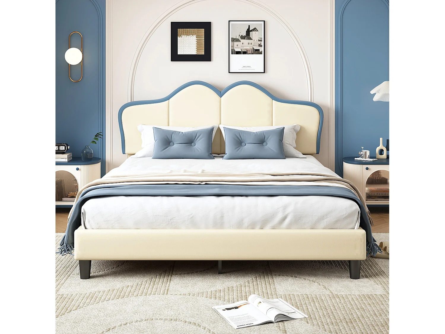 Getuft bed 140 x 200 cm met elegant gewatteerd hoofdeinde - PU leer - Wit + blauw (zonder matras)