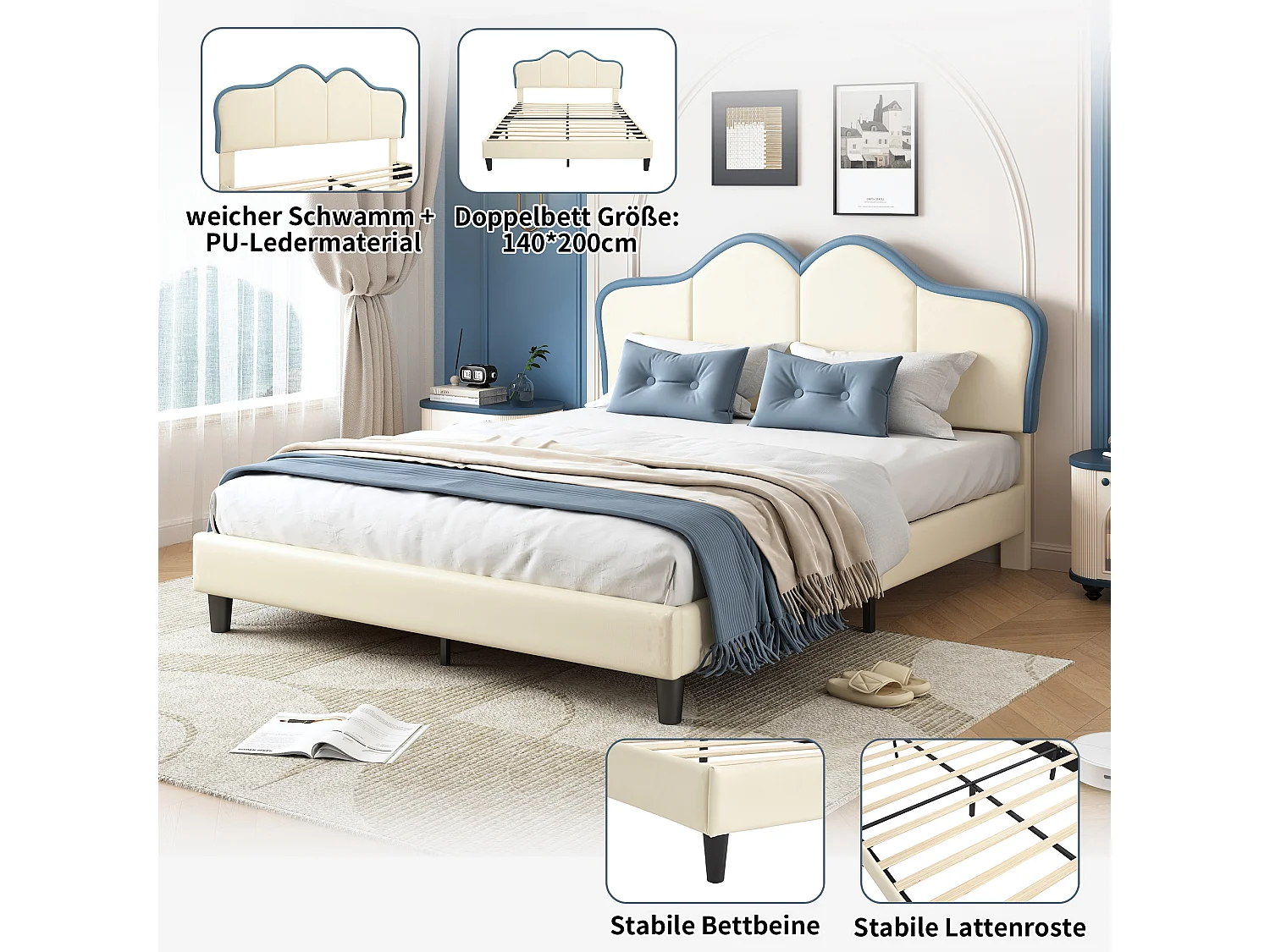 Getuft bed 140 x 200 cm met elegant gewatteerd hoofdeinde - PU leer - Wit + blauw (zonder matras)