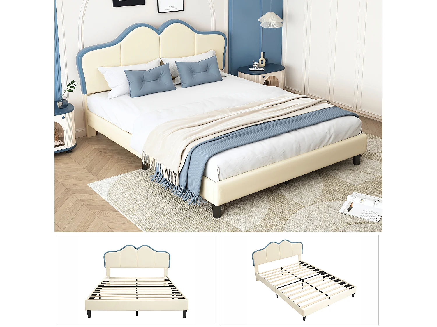 Getuft bed 140 x 200 cm met elegant gewatteerd hoofdeinde - PU leer - Wit + blauw (zonder matras)