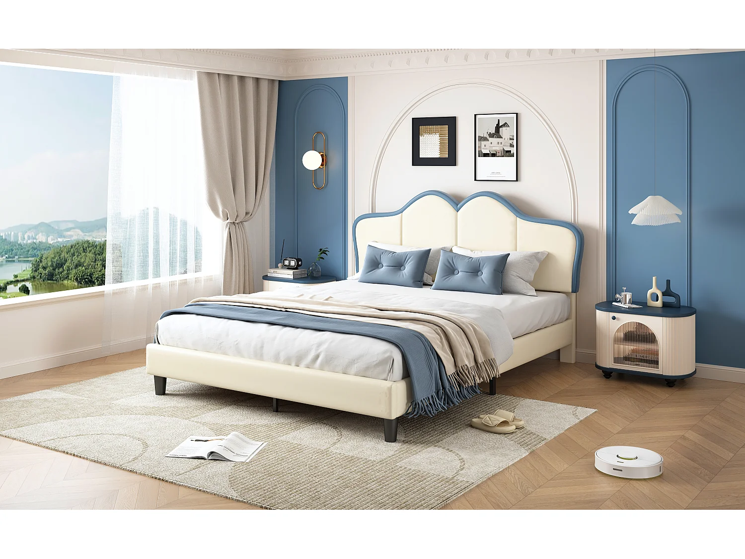 Getuft bed 140 x 200 cm met elegant gewatteerd hoofdeinde - PU leer - Wit + blauw (zonder matras)