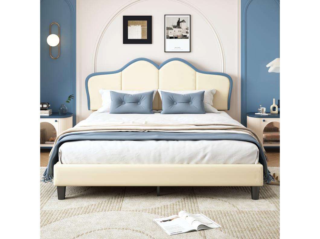 Letto capitonné 140 x 200 cm con elegante testiera imbottita - Pelle PU - Bianco + blu (senza materasso)