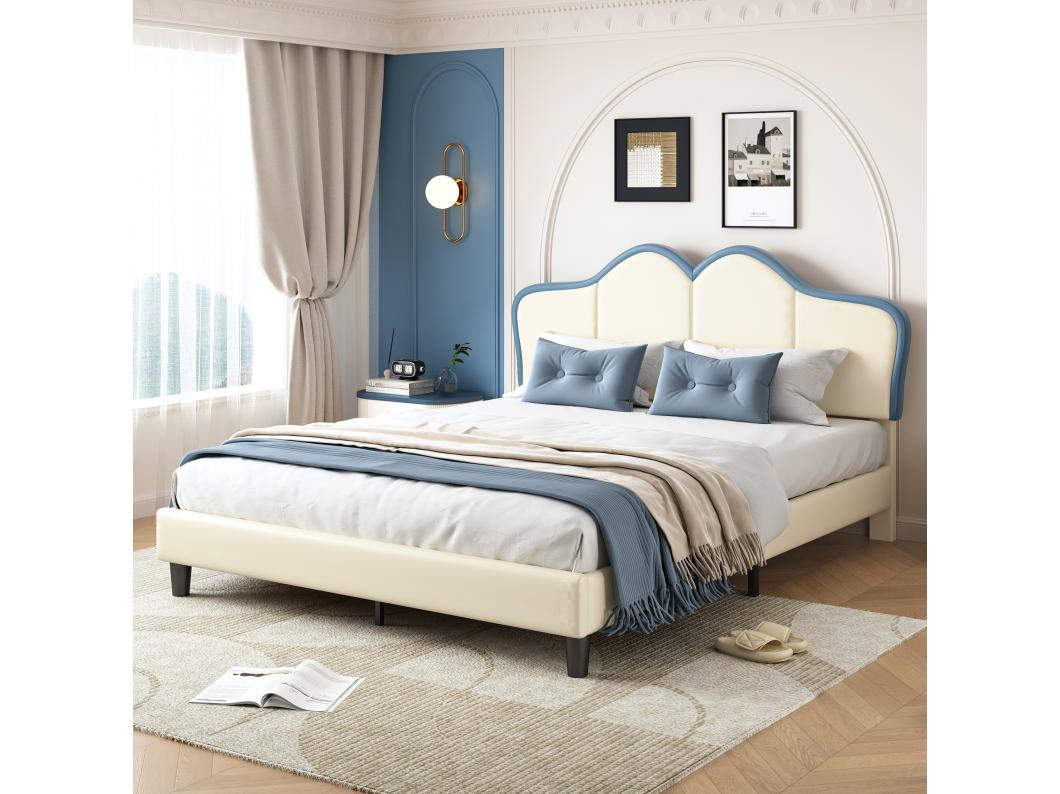 Letto capitonné 140 x 200 cm con elegante testiera imbottita - Pelle PU - Bianco + blu (senza materasso)