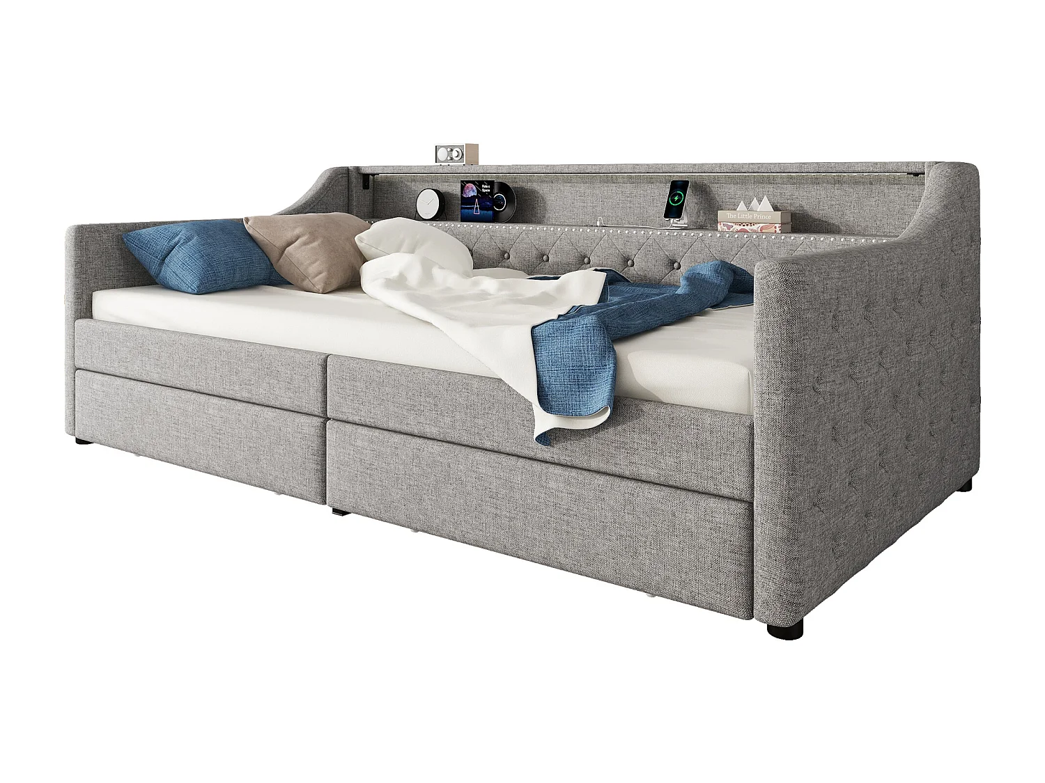 Cama tapizada 90 x 200 cm con cabecero - LED - 2 cajones, toma de carga USB y estante - tela de lino - gris (sin colchón)