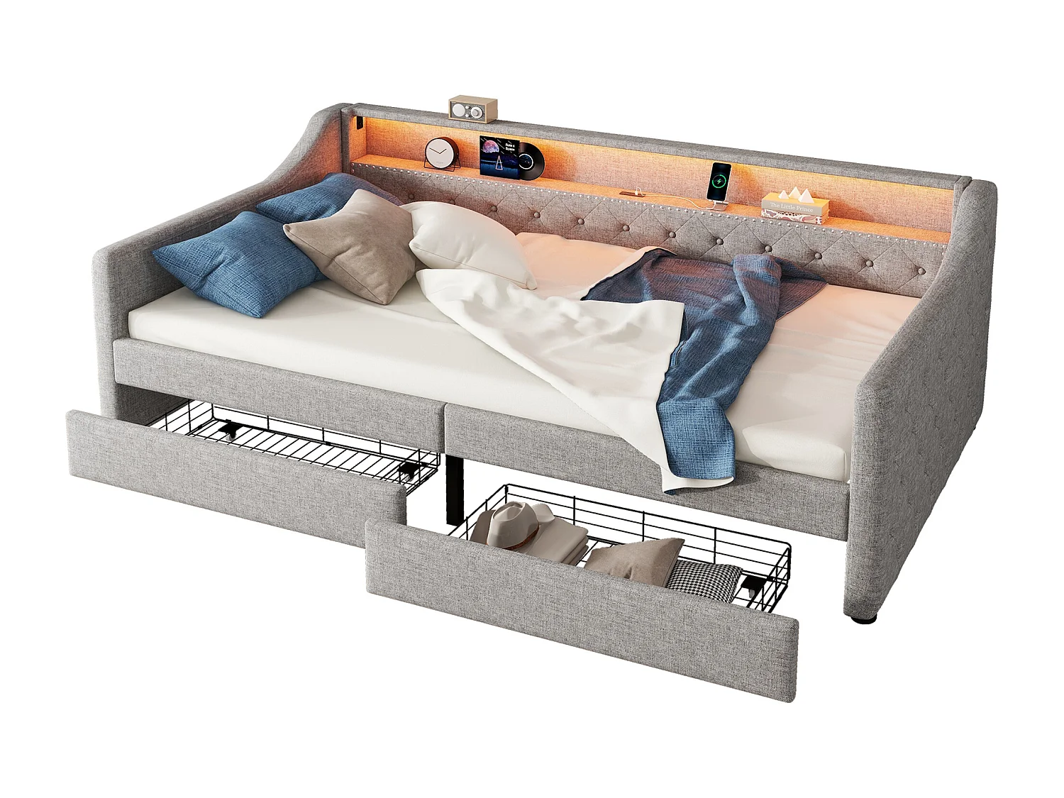 Cama tapizada 90 x 200 cm con cabecero - LED - 2 cajones, toma de carga USB y estante - tela de lino - gris (sin colchón)