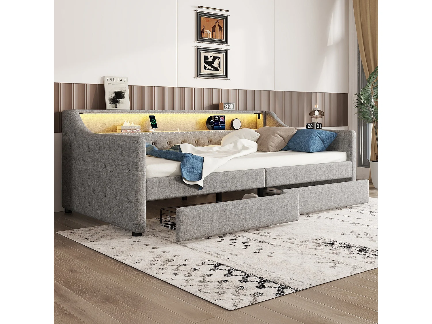 Polsterbett 90 x 200 cm mit Kopfteil – LEDs – 2 Schubladen, USB-Ladebuchse und Ablagefach – Leinenstoff – Grau (ohne Matratze)