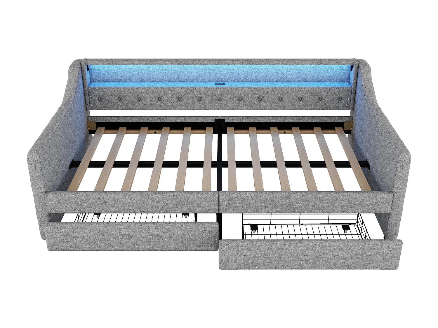 Polsterbett 90 x 200 cm mit Kopfteil – LEDs – 2 Schubladen, USB-Ladebuchse und Ablagefach – Leinenstoff – Grau (ohne Matratze)