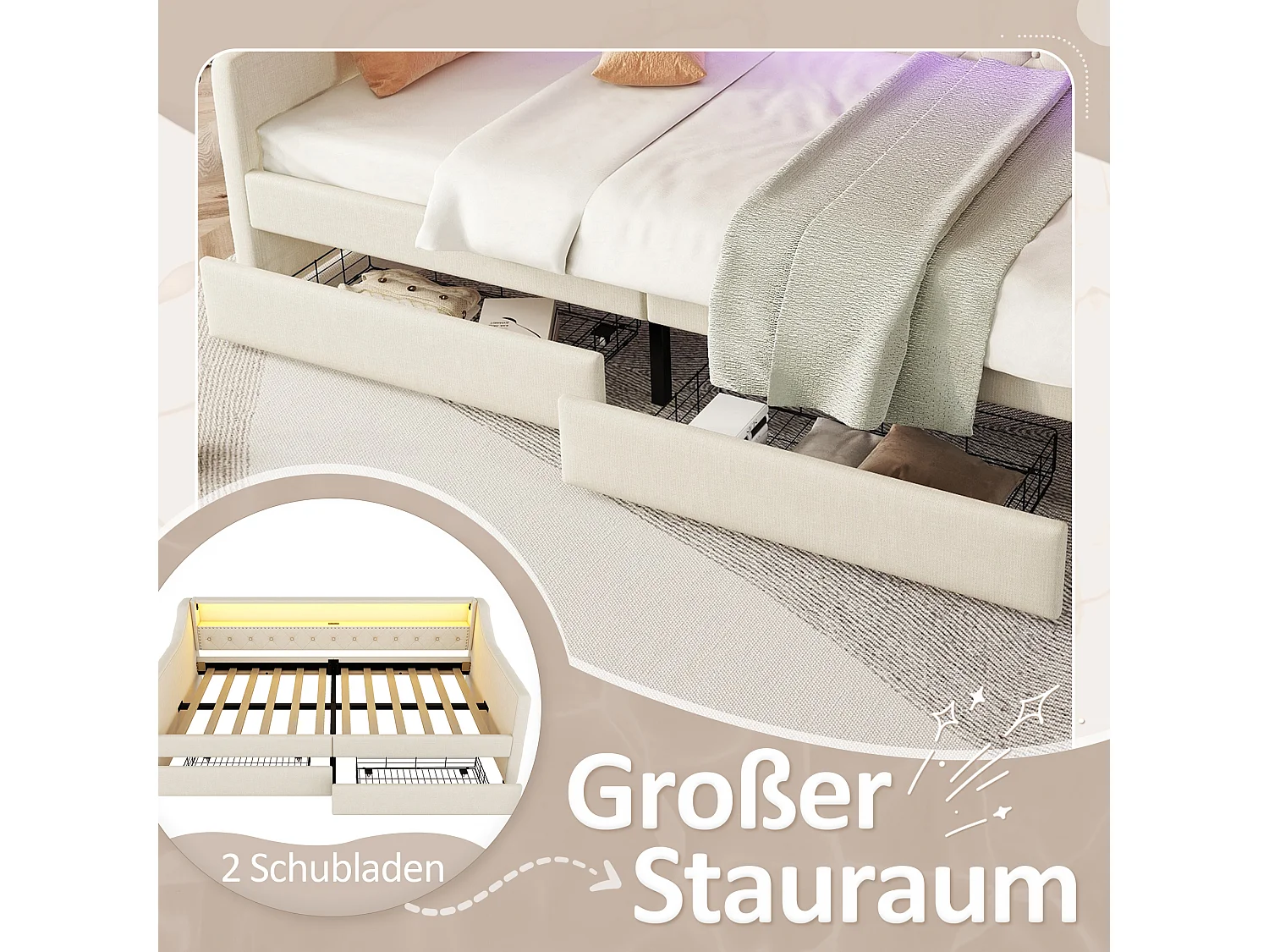 Gestoffeerd bed 90 x 200 cm met hoofdeinde - LED's - 2 laden, USB-oplaadaansluiting en opbergplank - linnenstof - beige (zonder matras)