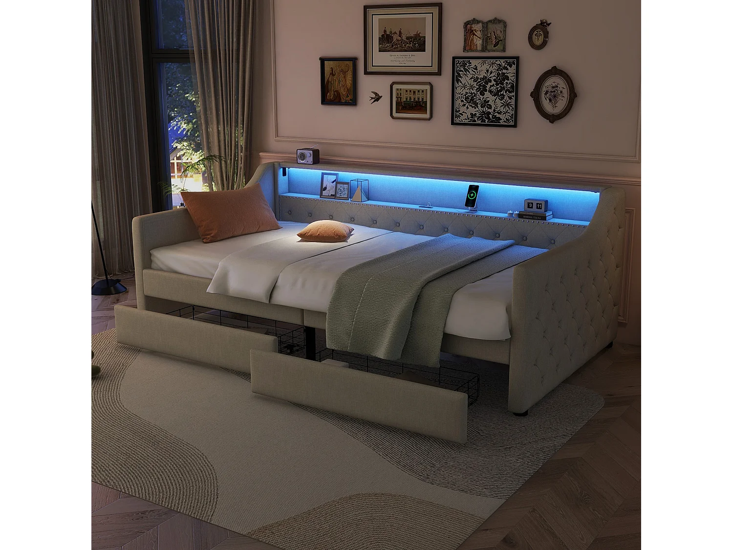 Gestoffeerd bed 90 x 200 cm met hoofdeinde - LED's - 2 laden, USB-oplaadaansluiting en opbergplank - linnenstof - beige (zonder matras)