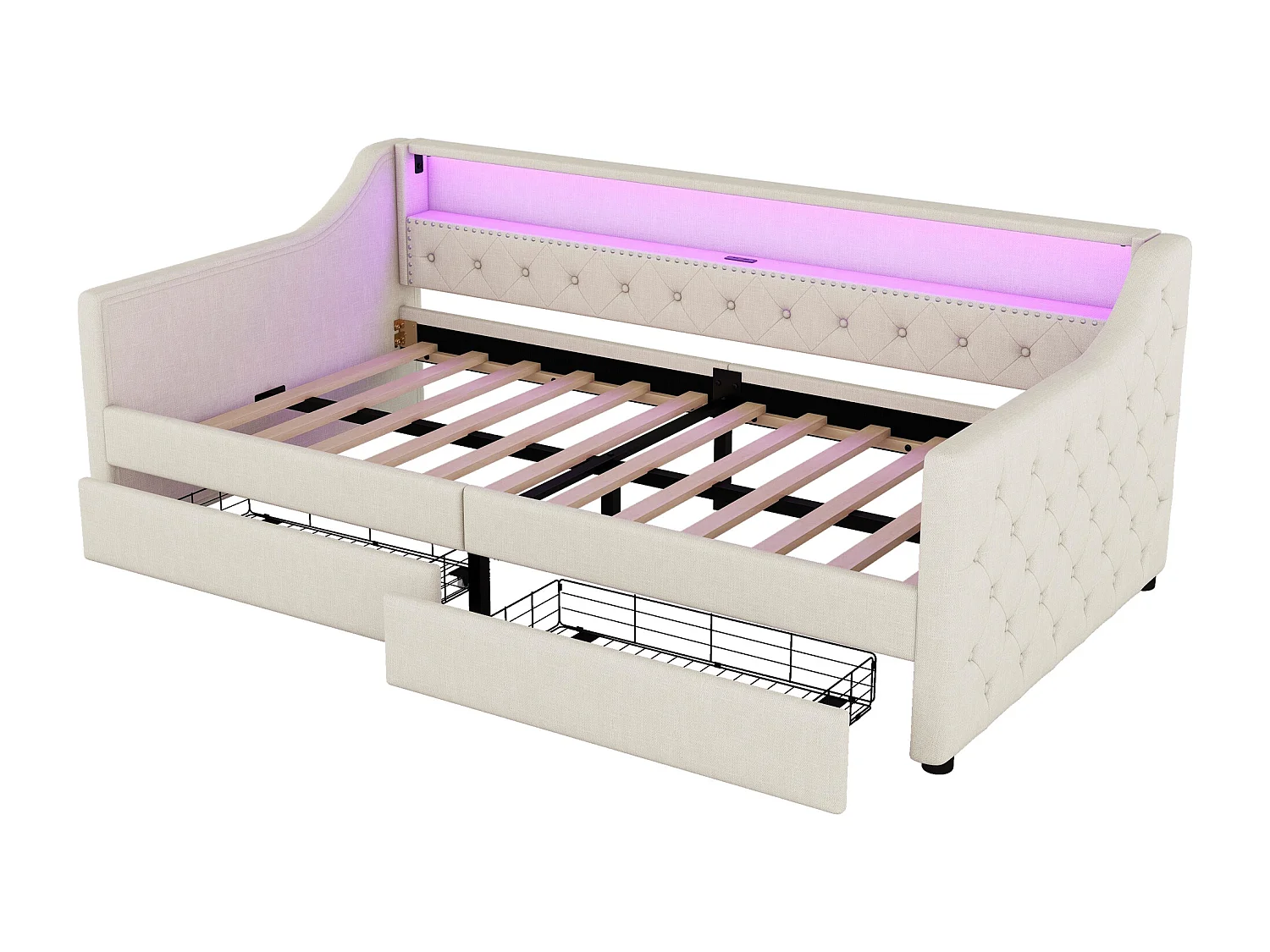 Gestoffeerd bed 90 x 200 cm met hoofdeinde - LED's - 2 laden, USB-oplaadaansluiting en opbergplank - linnenstof - beige (zonder matras)