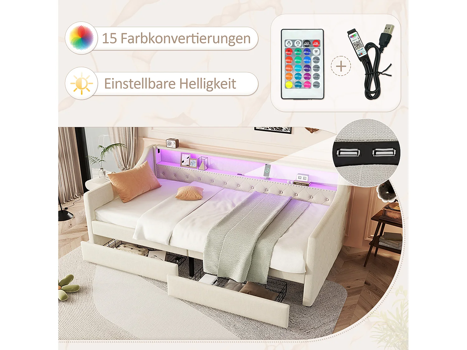 Lit capitonné 90 x 200 cm avec tête de lit - LEDs - 2 tiroirs, prise de charge USB et étagère de rangement - tissu en lin - beige (sans matelas)