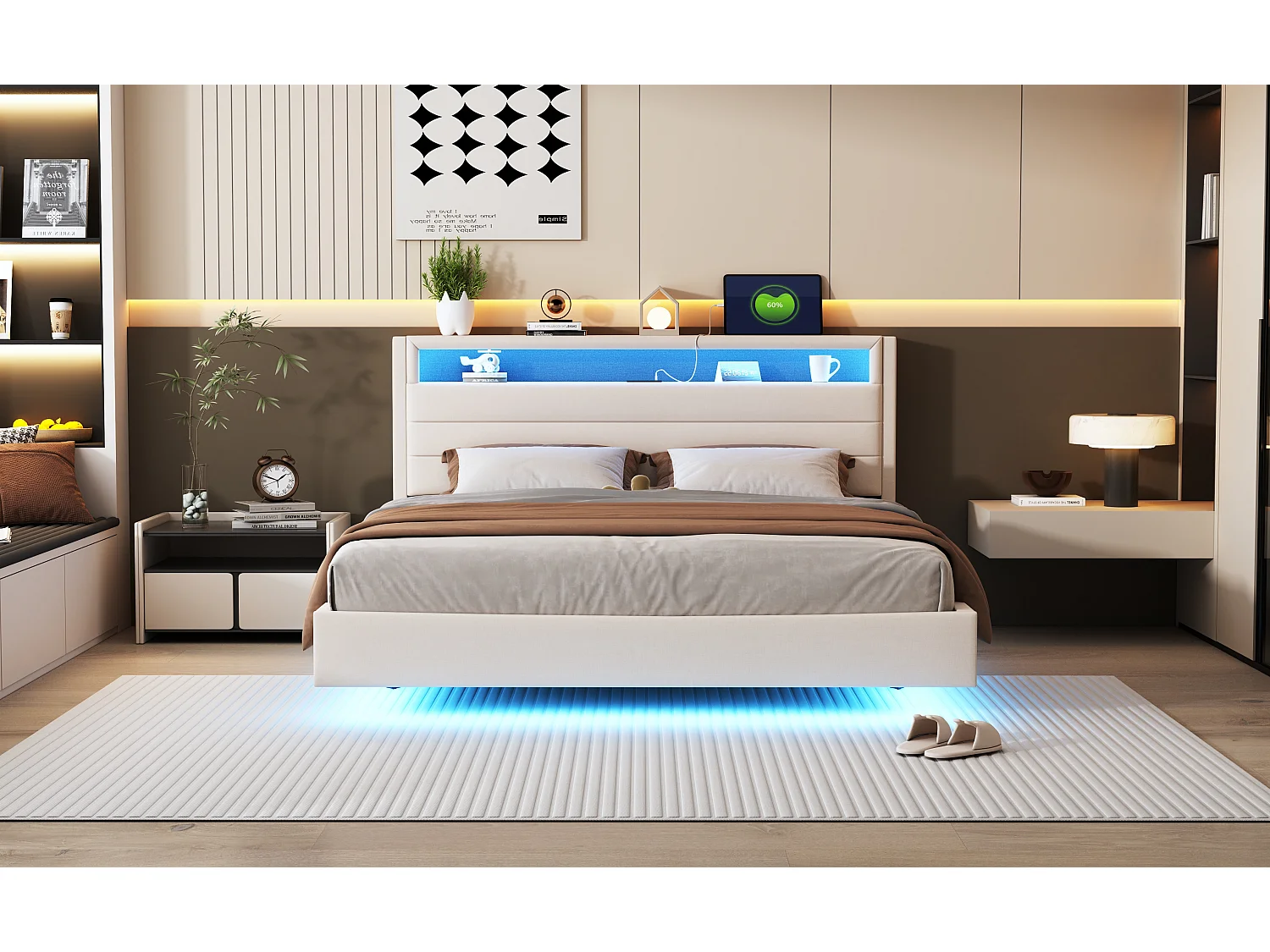 Lit capitonné 160 x 200 cm avec prise USB et éclairage LED, tête de lit réversible, pied de lit invisible, tissu en lin, beige (sans matelas)