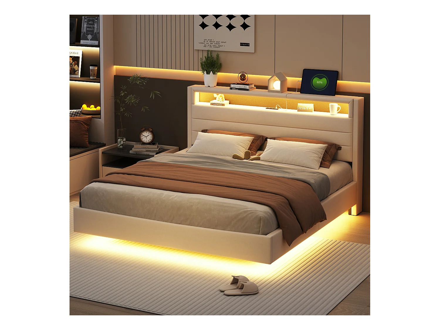 Gestoffeerd bed 160 x 200 cm met USB-aansluiting en LED-verlichting, omkeerbaar hoofdbord, onzichtbaar voetbord, linnenstof, beige (zonder matras)
