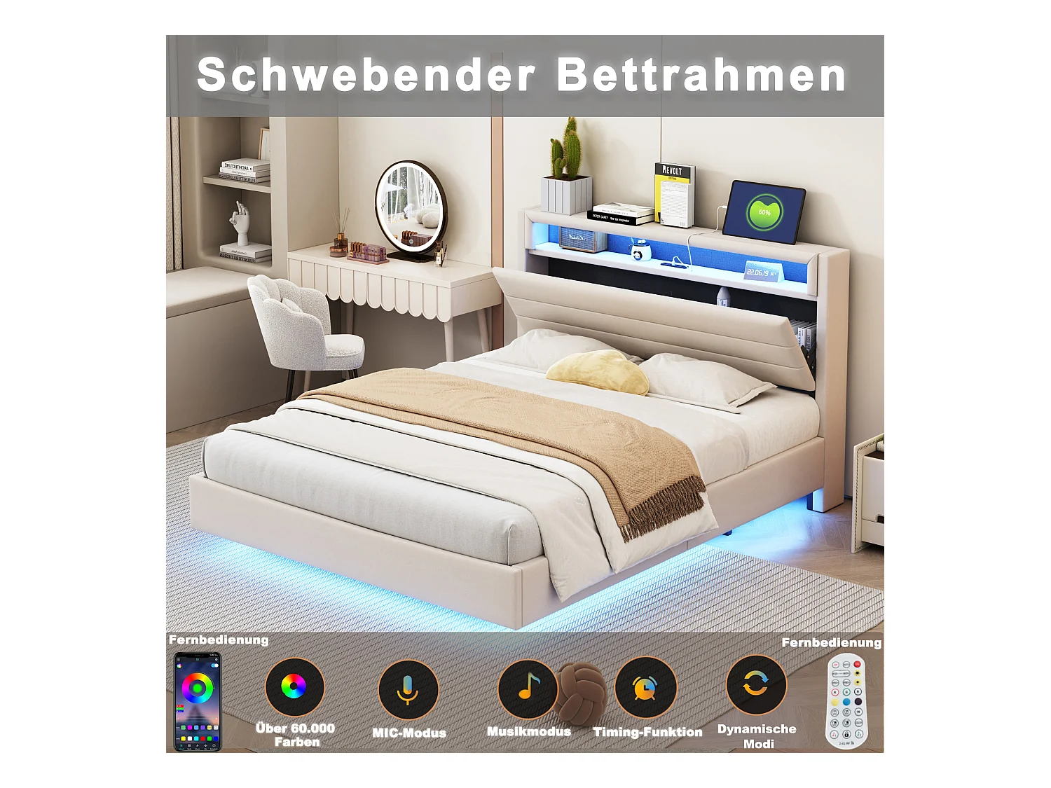 Gestoffeerd bed 160 x 200 cm met USB-aansluiting en LED-verlichting, omkeerbaar hoofdbord, onzichtbaar voetbord, linnenstof, beige (zonder matras)
