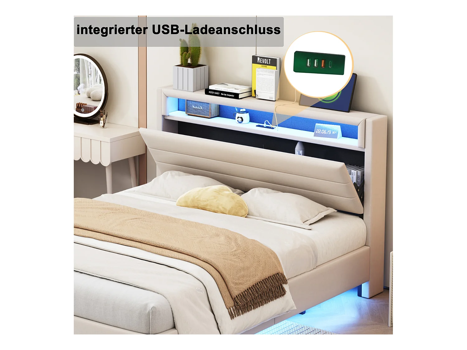 Gestoffeerd bed 160 x 200 cm met USB-aansluiting en LED-verlichting, omkeerbaar hoofdbord, onzichtbaar voetbord, linnenstof, beige (zonder matras)