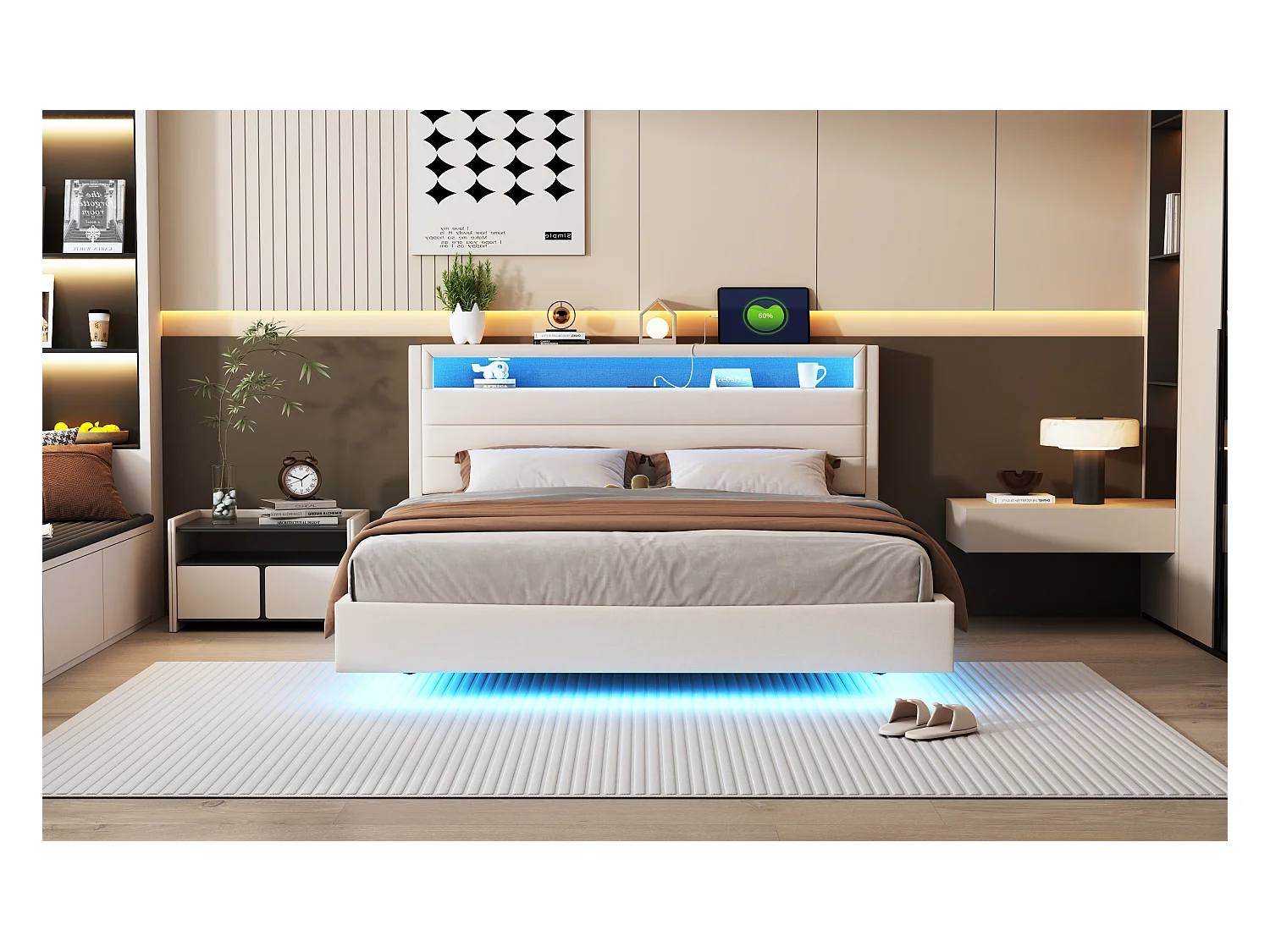 Gestoffeerd bed 160 x 200 cm met USB-aansluiting en LED-verlichting, omkeerbaar hoofdbord, onzichtbaar voetbord, linnenstof, beige (zonder matras)