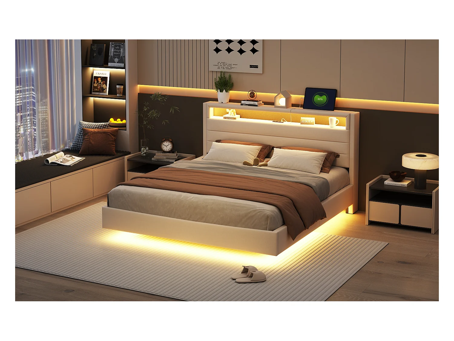 Gestoffeerd bed 160 x 200 cm met USB-aansluiting en LED-verlichting, omkeerbaar hoofdbord, onzichtbaar voetbord, linnenstof, beige (zonder matras)